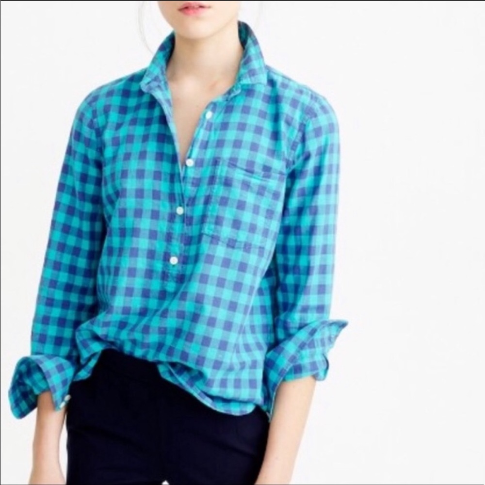 J. Crew Caribbean Blue Gingham Popover Shirt 2